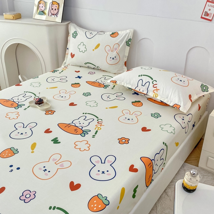 91家纺网 家纺一手货源 找家纺 帛织澜家纺 2025新款喷气12868系列纯棉印花单床笠 萝卜兔