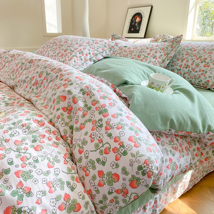 91家纺网 家纺一手货源 找家纺 家贝爱 2024春日新款A类精选高支高密水洗云锦棉四件套 草莓粉