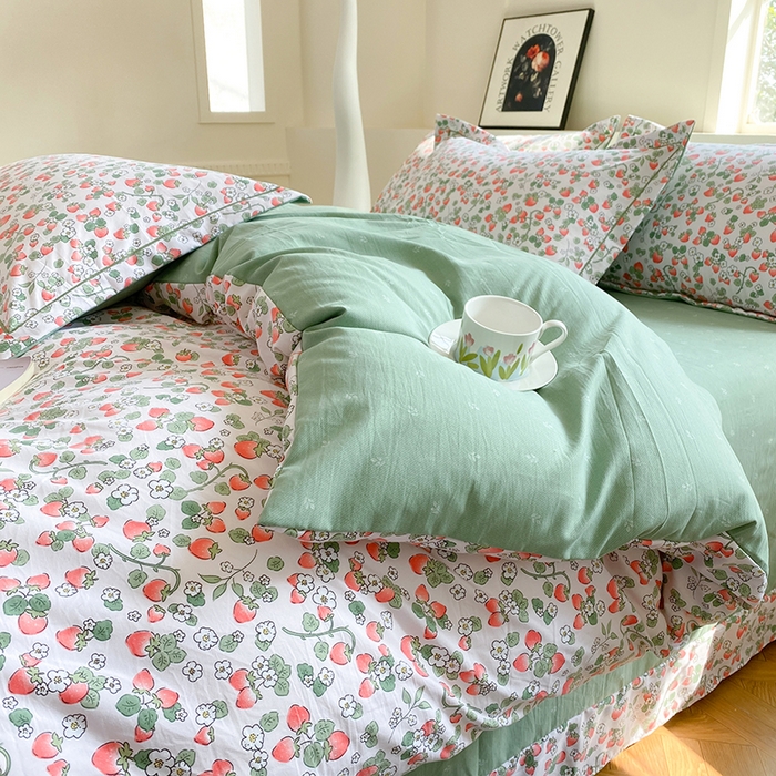 91家纺网 家纺一手货源 找家纺 家贝爱 2024春日新款A类精选高支高密水洗云锦棉四件套 草莓粉