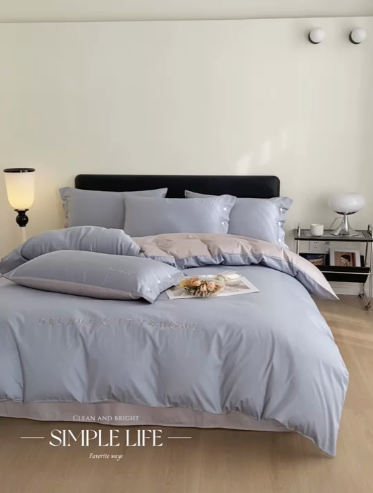 91家纺网 家纺一手货源 找家纺 慕色家纺 2024新款全棉刺绣拼色系列四件套 拼色-海青+浅灰