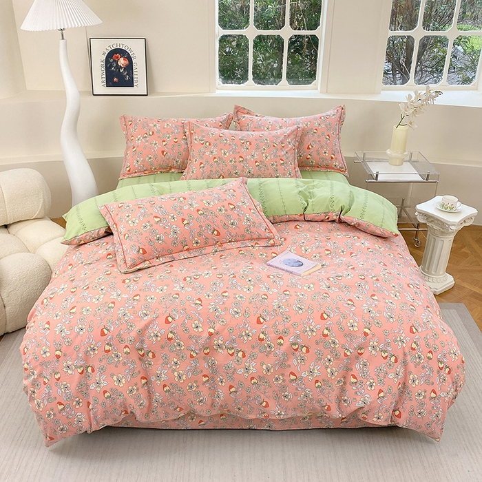 91家纺网 家纺一手货源 找家纺 家贝爱 2024春日新款A类精选高支高密水洗云锦棉四件套 奶油草莓