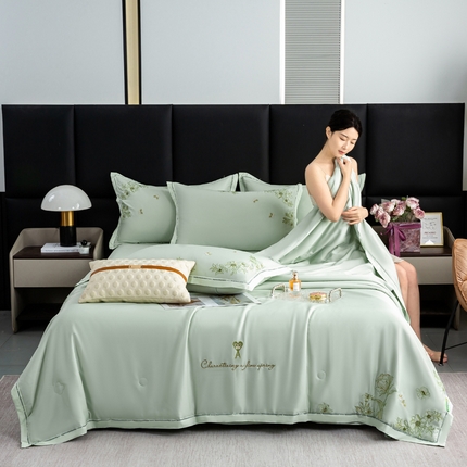 91家纺网 家纺一手货源 找家纺 （总）憨豆家纺 2025新款水洗莱赛尔50S天丝刺绣夏被四件套直播空调被夏凉被