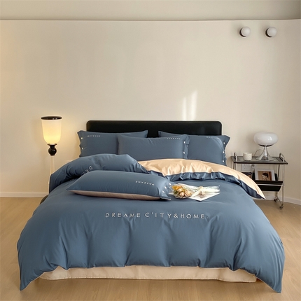 91家纺网 家纺一手货源 找家纺 慕色家纺 2024新款全棉刺绣拼色系列四件套 拼色-宾利蓝+奶茶