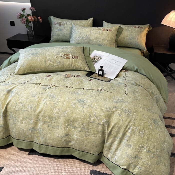 91家纺网 家纺一手货源 找家纺 宅家居2024新款轻奢复古风阳绒磨毛雅棉刺绣系列四件套  绿