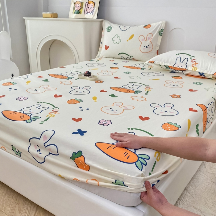 91家纺网 家纺一手货源 找家纺 帛织澜家纺 2025新款喷气12868系列纯棉印花单床笠 萝卜兔