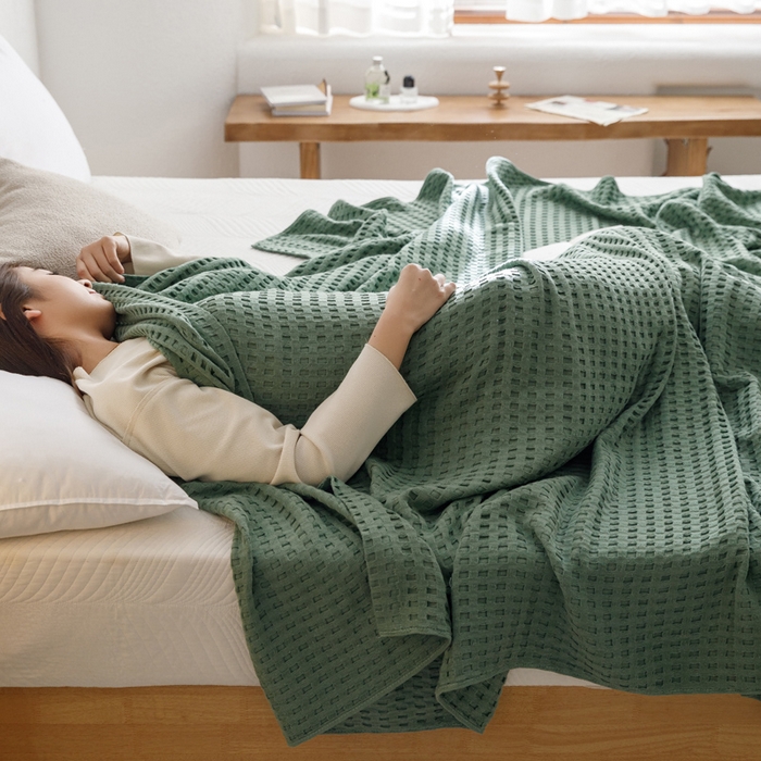 91家纺网 家纺一手货源 找家纺 朴尔家纺-毛巾被 2024新款柔软风纯色华夫格全棉纱布毛巾被系列 华夫格-绿