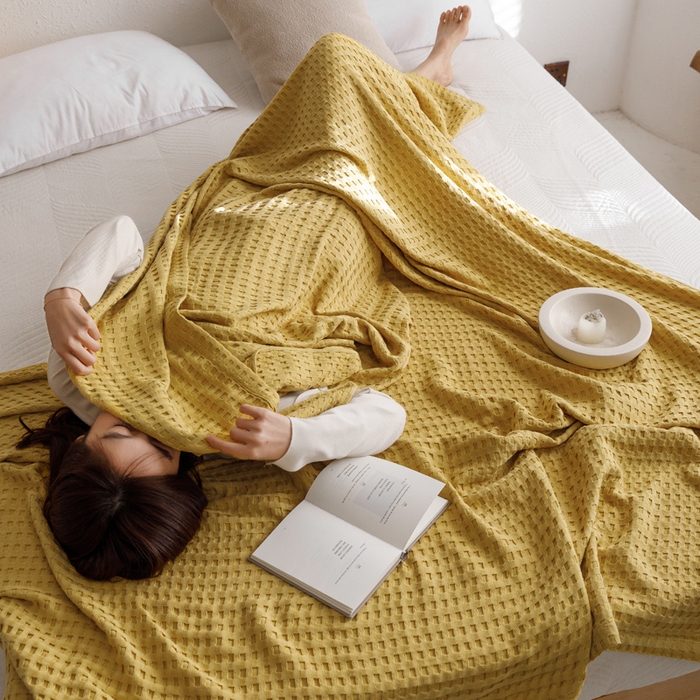 91家纺网 家纺一手货源 找家纺 朴尔家纺-毛巾被 2024新款柔软风纯色华夫格全棉纱布毛巾被系列 华夫格-黄