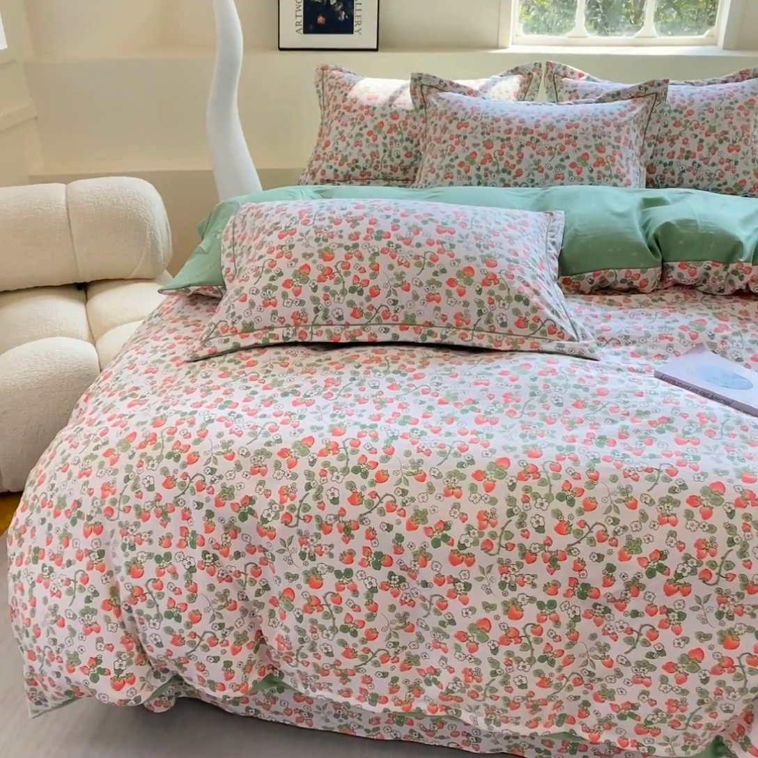 91家纺网 家纺一手货源 找家纺 家贝爱 2024春日新款A类精选高支高密水洗云锦棉四件套 草莓粉