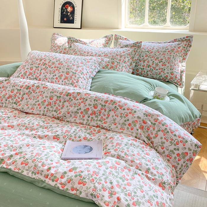 91家纺网 家纺一手货源 找家纺 家贝爱 2024春日新款A类精选高支高密水洗云锦棉四件套 草莓粉