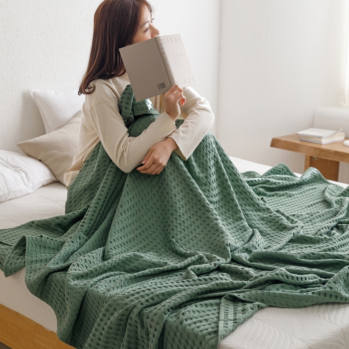 91家纺网 家纺一手货源 找家纺 朴尔家纺-毛巾被 2024新款柔软风纯色华夫格全棉纱布毛巾被系列 华夫格-绿