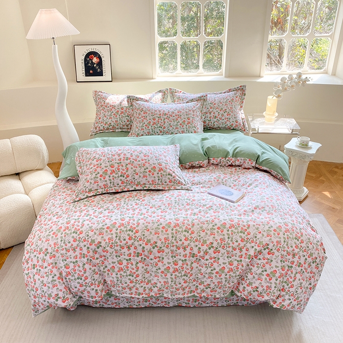 91家纺网 家纺一手货源 找家纺 家贝爱 2024春日新款A类精选高支高密水洗云锦棉四件套 草莓粉