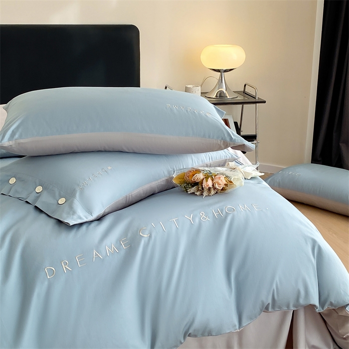 91家纺网 家纺一手货源 找家纺 慕色家纺 2024新款全棉刺绣拼色系列四件套 拼色-海青+浅灰