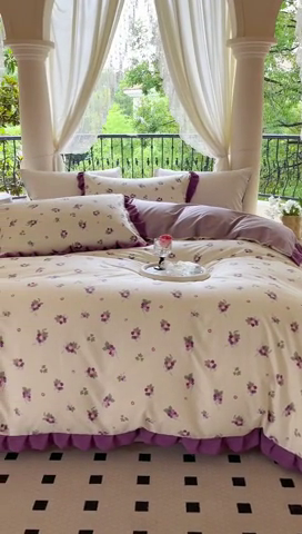 91家纺网 家纺一手货源 找家纺 乐童家纺 2024新款13372全棉雪纺花边四件套直播热款 紫葡萄