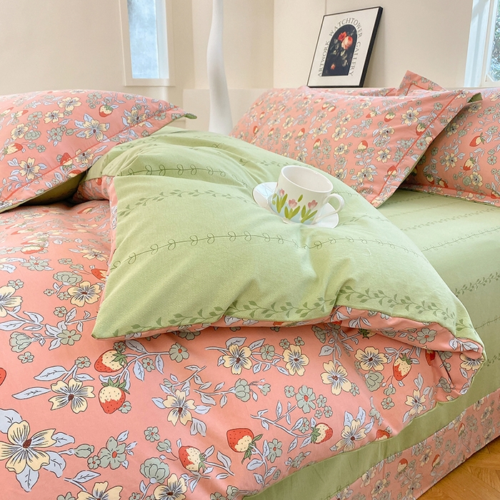 91家纺网 家纺一手货源 找家纺 家贝爱 2024春日新款A类精选高支高密水洗云锦棉四件套 奶油草莓