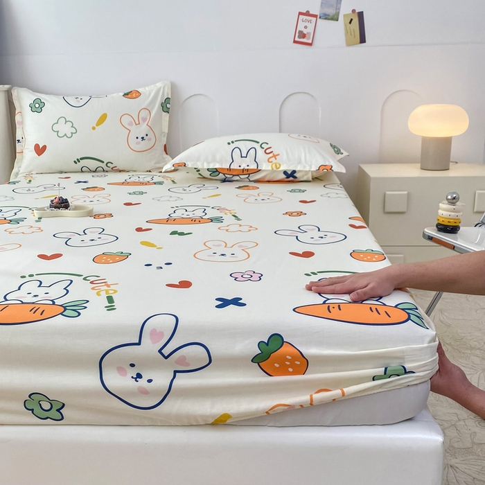 91家纺网 家纺一手货源 找家纺 帛织澜家纺 2025新款喷气12868系列纯棉印花单床笠 萝卜兔