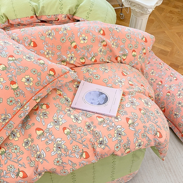 91家纺网 家纺一手货源 找家纺 家贝爱 2024春日新款A类精选高支高密水洗云锦棉四件套 奶油草莓