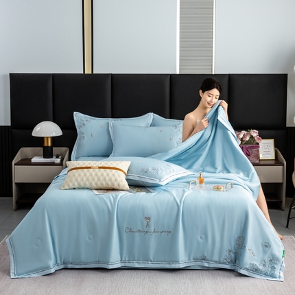 91家纺网 家纺一手货源 找家纺 （总）憨豆家纺 2025新款水洗莱赛尔50S天丝刺绣夏被四件套直播空调被夏凉被