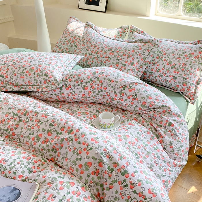 91家纺网 家纺一手货源 找家纺 家贝爱 2024春日新款A类精选高支高密水洗云锦棉四件套 草莓粉