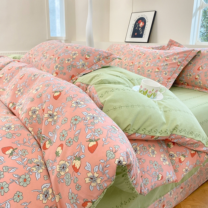 91家纺网 家纺一手货源 找家纺 家贝爱 2024春日新款A类精选高支高密水洗云锦棉四件套 奶油草莓