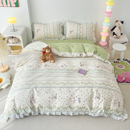 91家纺网 家纺一手货源 找家纺 乐童家纺 2024新款13372全棉雪纺花边四件套直播热款 花园兔