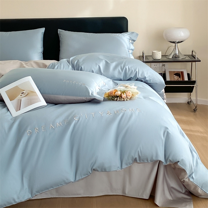 91家纺网 家纺一手货源 找家纺 慕色家纺 2024新款全棉刺绣拼色系列四件套 拼色-海青+浅灰