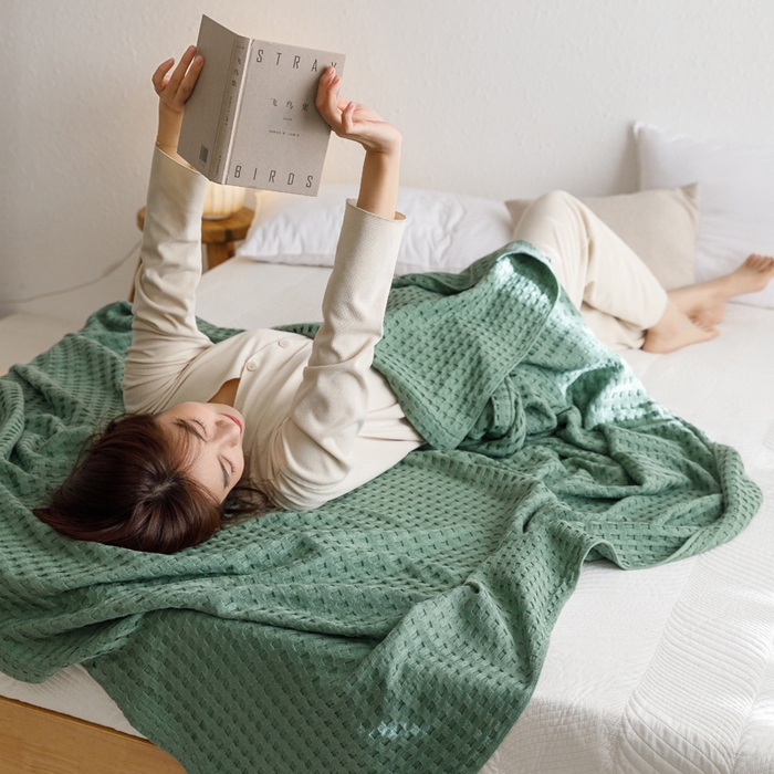 91家纺网 家纺一手货源 找家纺 朴尔家纺-毛巾被 2024新款柔软风纯色华夫格全棉纱布毛巾被系列 华夫格-绿