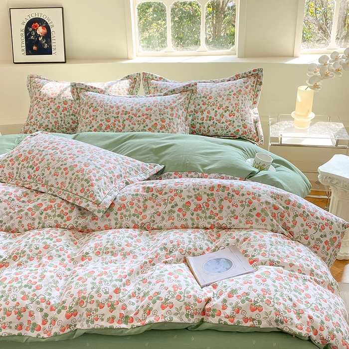 91家纺网 家纺一手货源 找家纺 家贝爱 2024春日新款A类精选高支高密水洗云锦棉四件套 草莓粉