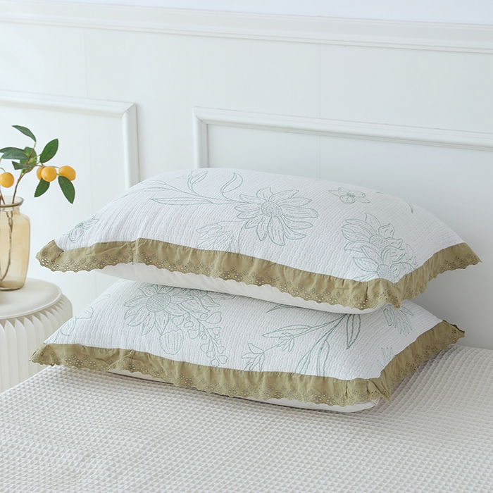 91家纺网 家纺一手货源 找家纺 朴尔家纺-毛巾被 2024新款韩式花边四层纱枕巾纯棉竹纤维加大成人纱布枕头巾 怒放-绿-52*78cm