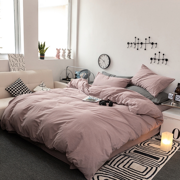 91家纺网 家纺一手货源 找家纺 羋多（原穆琪） 2024新款A类全棉色织水洗棉纯色四件套 豆沙