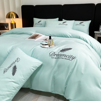 91家纺网 家纺一手货源 找家纺 （总）如一 2024新款水洗棉磨毛纯色刺绣羽毛系列四件套