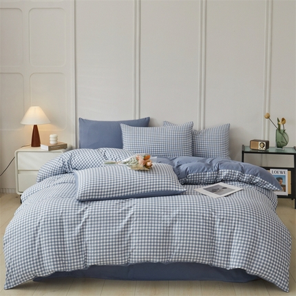 91家纺网 家纺一手货源 找家纺 盛秋家纺 2025新款水洗棉格子系列四件套 蓝小格+蓝灰