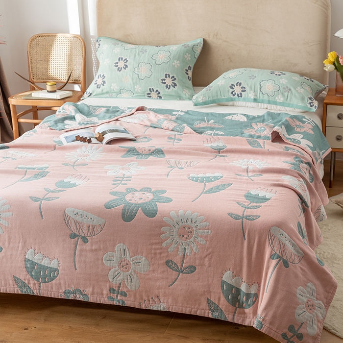 91家纺网 家纺一手货源 找家纺 朴尔家纺-毛巾被 2024新款四层韩版碎花风全棉纱布毛巾被 清新夏日-粉