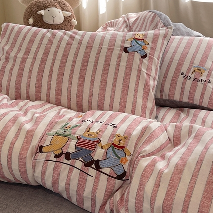 91家纺网 家纺一手货源 找家纺 （总）奥汀洛 2025新款小清新生态棉麻四件套-三只熊