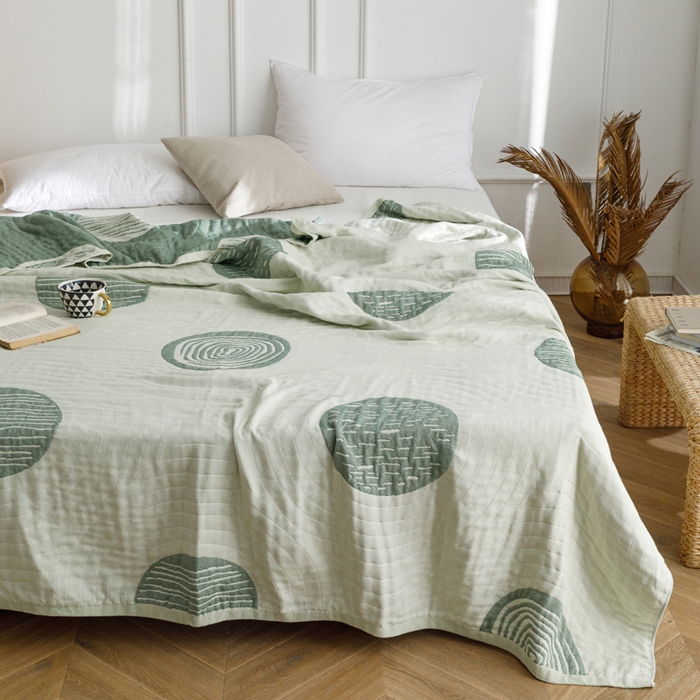 91家纺网 家纺一手货源 找家纺 朴尔家纺-毛巾被 2024新款水洗全棉四层细纱系列毛巾被 年轮-绿毛巾被