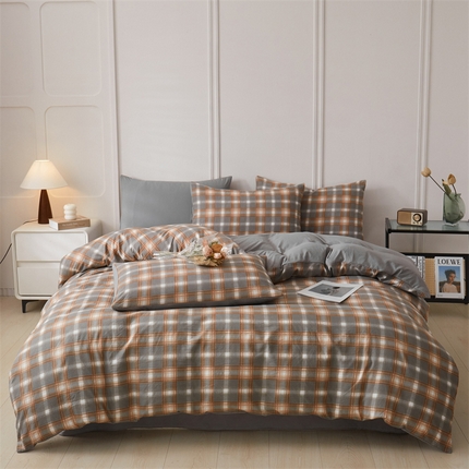 91家纺网 家纺一手货源 找家纺 盛秋家纺 2025新款水洗棉格子系列四件套 洛卡+中灰