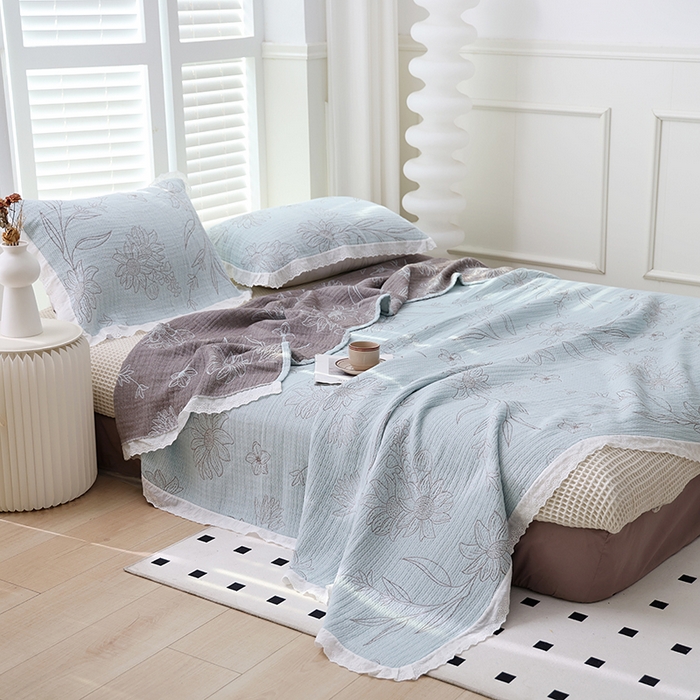 91家纺网 家纺一手货源 找家纺 朴尔家纺-毛巾被 2024新款韩式花边纯棉竹纤维加大成人纱布毛巾被 怒放-蓝毛巾被