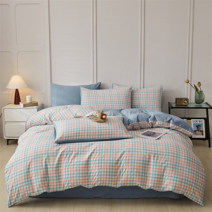 91家纺网 家纺一手货源 找家纺 盛秋家纺 2025新款水洗棉格子系列四件套 朵拉+海清