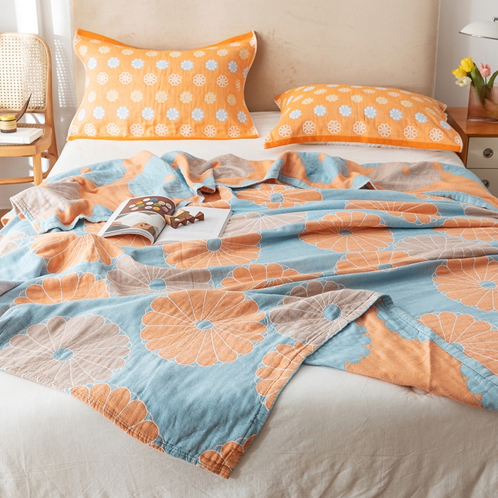 91家纺网 家纺一手货源 找家纺 朴尔家纺-毛巾被 2024新款四层韩版碎花风全棉纱布毛巾被 橘子物语-兰