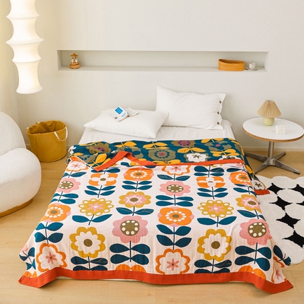 91家纺网 家纺一手货源 找家纺 朴尔家纺-毛巾被 2024新款调皮风宽边加厚透气全棉四层纱布毛巾被 奇异花园