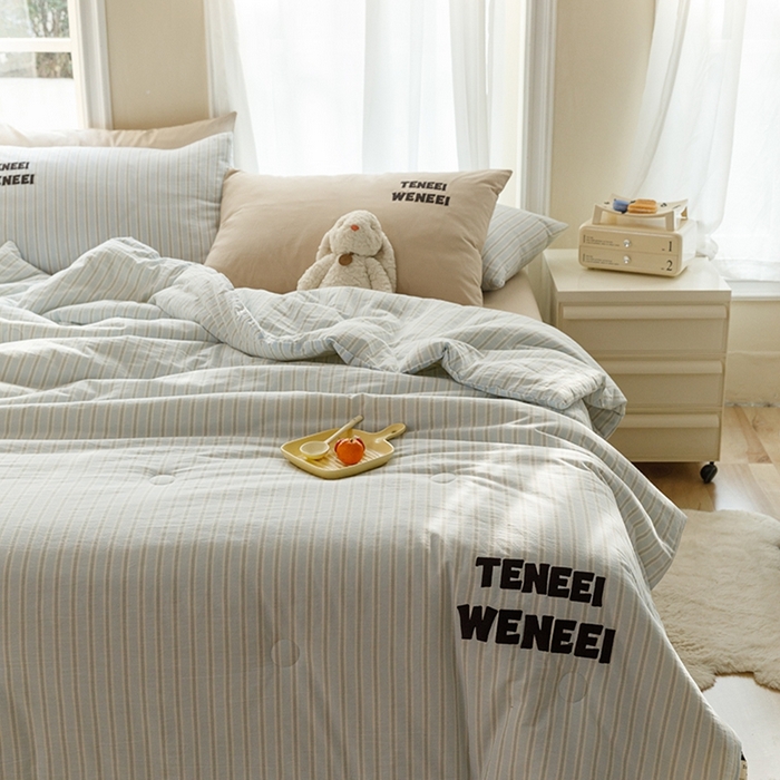 91家纺网 家纺一手货源 找家纺 荔禾家居 2024新款ins混搭博主风全棉色织水洗棉夏被四件组 青山