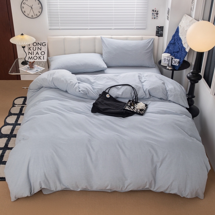 91家纺网 家纺一手货源 找家纺 羋多（原穆琪） 2024新款A类全棉色织水洗棉纯色四件套 浅蓝