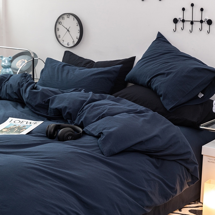 91家纺网 家纺一手货源 找家纺 羋多（原穆琪） 2024新款A类全棉色织水洗棉纯色四件套 藏青