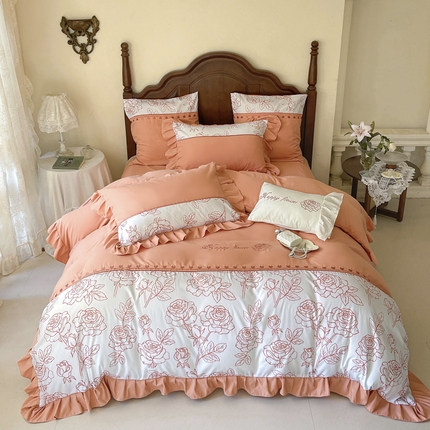 91家纺网 家纺一手货源 找家纺 （总）豪美鑫 2025新款亲肤棉刺绣花边四件套-玫瑰恋人