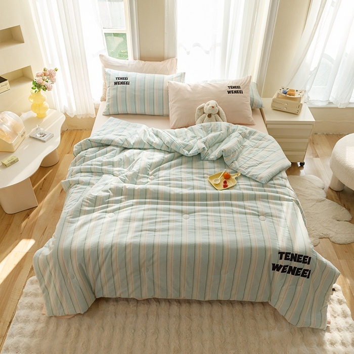 91家纺网 家纺一手货源 找家纺 荔禾家居 2024新款ins混搭博主风全棉色织水洗棉夏被四件组 烟画