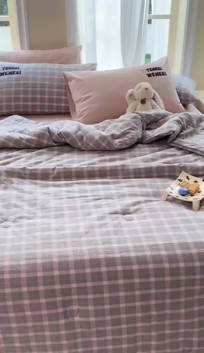 91家纺网 家纺一手货源 找家纺 荔禾家居 2024新款ins混搭博主风全棉色织水洗棉夏被四件组 雾岛