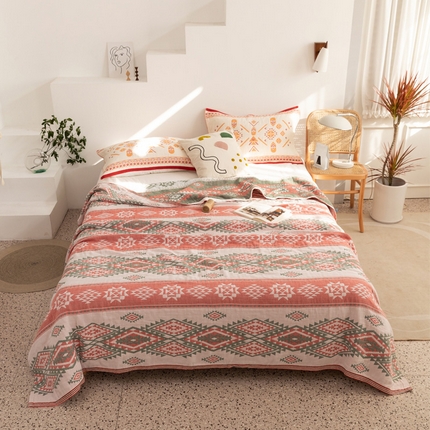 91家纺网 家纺一手货源 找家纺 朴尔家纺-毛巾被 2024新款波西米亚风全棉四层纱布毛巾被 伯瑞沙-红