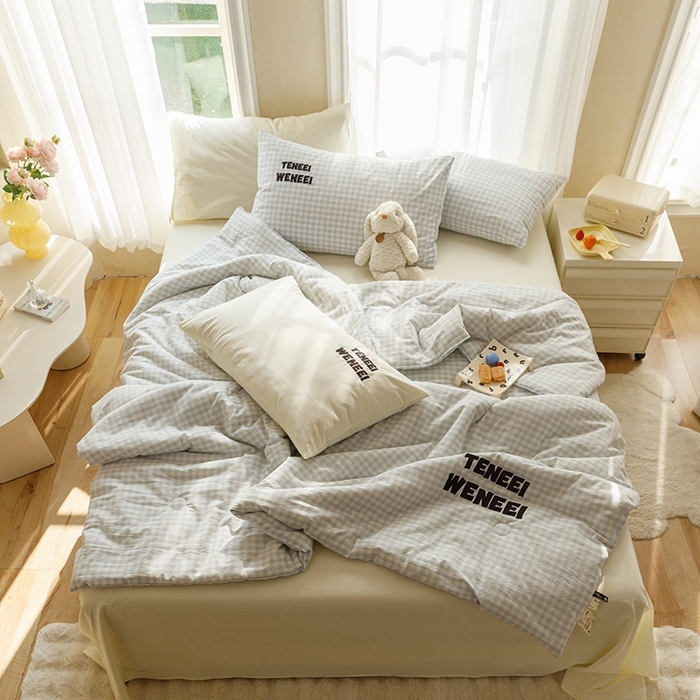 91家纺网 家纺一手货源 找家纺 荔禾家居 2024新款ins混搭博主风全棉色织水洗棉夏被四件组 南风