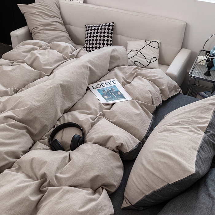 91家纺网 家纺一手货源 找家纺 羋多（原穆琪） 2024新款A类全棉色织水洗棉纯色四件套 浅米拼深灰（双拼）