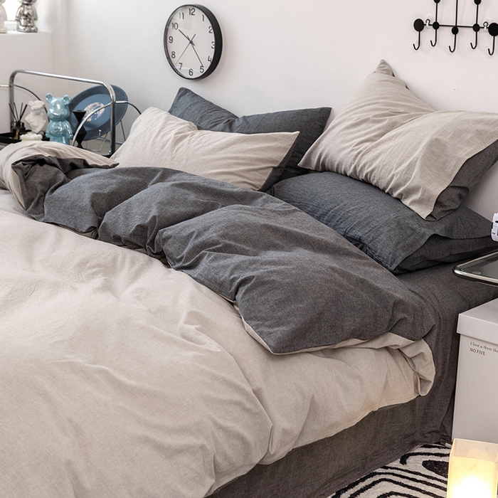 91家纺网 家纺一手货源 找家纺 羋多（原穆琪） 2024新款A类全棉色织水洗棉纯色四件套 浅米拼深灰（双拼）