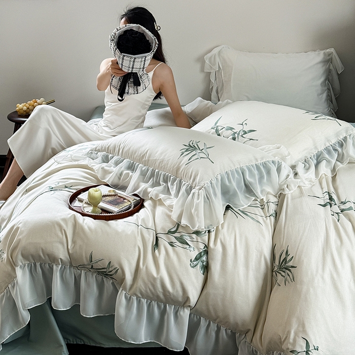 91家纺网 家纺一手货源 找家纺 窝米 2024新款纯棉法式复古雪纺大花边四件套 觅香花边款